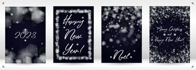 Vector Merry Christmas and New Year Card Collection with Magical Bokeh Lights Sparkle Confetti. Shiny Glitter Christmas Party Print Collection. Winter Sparkle Snowfall Design for Holiday's Poster.