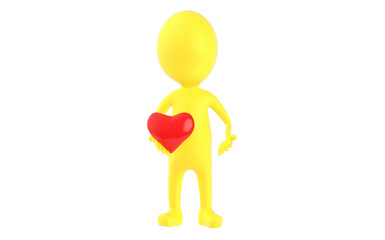 3d yellow character holding a love sign in hands