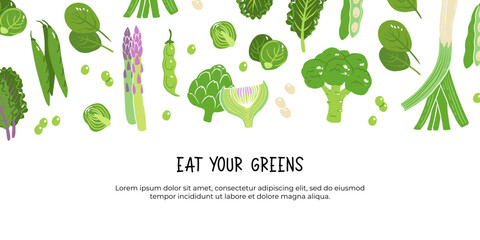 Eat your greens. Various tasty healthy green vegetables and leaves. Hand drawn vector set. Colored illustration in trendy style. Flat design. All elements are isolated