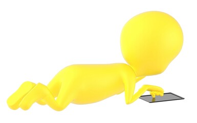 3d yellow character lying on the floor and using tablet