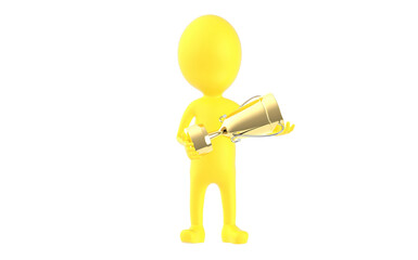 3d yellow character holding a golden trophy
