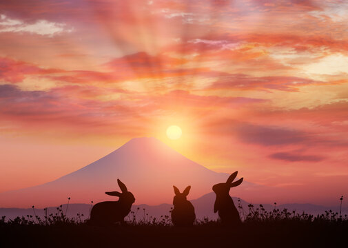 うさぎと朝日に富士山