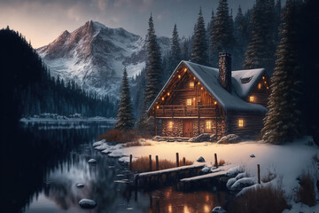 AI generated image of a log cabin in snow-covered woods	 - obrazy, fototapety, plakaty