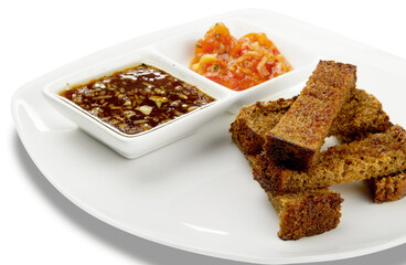 Snack for beer: rye bread croutons with  sauces