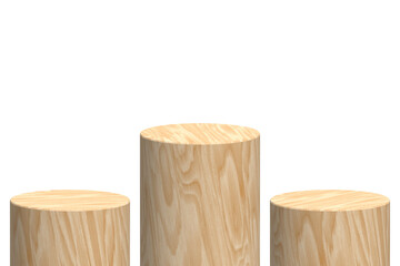 Three high podium wood texture 3D rendering isolated on background