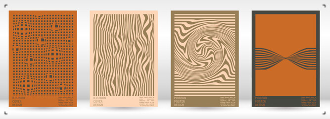 Geometrical Poster Design with Optical Illusion Effect.  Modern Psychedelic Cover Page Collection. Pastel Wave Lines Background. Fluid Stripes Art. Swiss Design. Vector Illustration for Brochure.