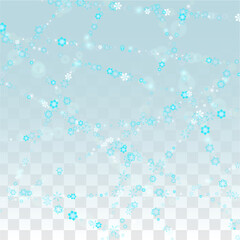 Christmas Vector Background with Falling Snowflakes  Isolated on Transparent Background. Realistic Snow Sparkle Pattern. Snowfall Overlay Print. Winter Sky. Realistic Snow. Happy Christmas, New Year.