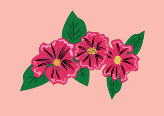 Vector illustration. Bouquet. Hibiscus branch with three red flowers.