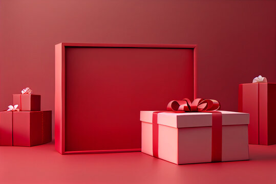 Minimal abstract product background for Christmas, New year and sale event concept. Red gift box with red ribbon bow on red background. 3d render illustration.