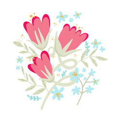 Red tulips simple flat illustration. Modern hand drawn. Blue cornflowers and pink garden flowers. Colorful vector illustration