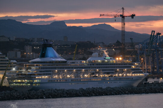 Phoenix cruiseship Artania and Costa cruise ship liner Pacifica for maintenance repair overhaul dry dock service work in port of Marseille Provence, France