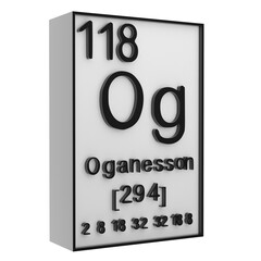 Oganesson,Phosphorus on the periodic table of the elements on white blackground,history of chemical elements, represents the atomic number and symbol.,3d rendering