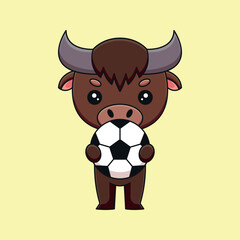 cute buffalo holding soccer ball cartoon mascot doodle art hand drawn concept vector kawaii icon illustration
