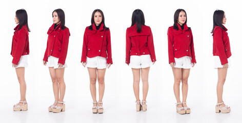 Full length 20s Asian Woman wear formal office dress blazer high heel shoes. Business female has black straight hair feel happy smile fashion vintage poses over white background isolated