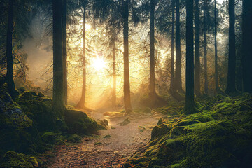 Sunlight in Euopean forest with hiking trail - obrazy, fototapety, plakaty