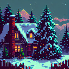 Pixel Art Snowy Christmas Scene