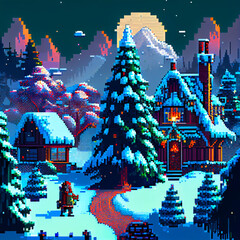 Pixel Art Snowy Christmas Scene