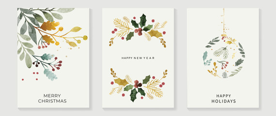 Luxury christmas and happy new year holiday cover template vector set. Watercolor winter leaf branch and bauble ball on white background. Design for card, corporate, greeting, wallpaper, poster. - obrazy, fototapety, plakaty
