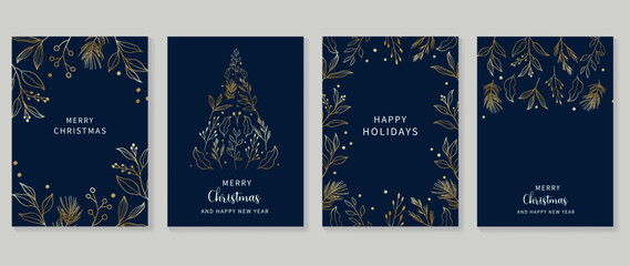 Fototapeta na wymiar Luxury christmas and happy new year holiday cover template vector set. Gradient gold winter leaf branch line art on dark blue background. Design for card, corporate, greeting, wallpaper, poster.