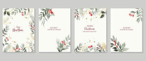 Fototapeta na wymiar Luxury christmas and happy new year holiday cover template vector set. Watercolor winter leaf branch, holly, gold drop on white background. Design for card, corporate, greeting, wallpaper, poster.
