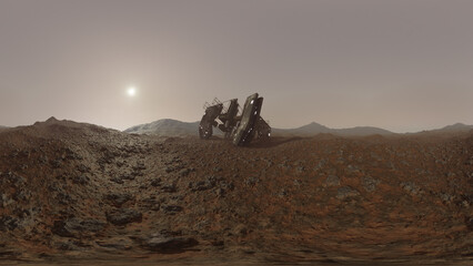 Rendering of a panoramic view of a crashed alien space ship on Mars surface of the planet