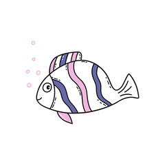 Beautiful cute striped fish purple and pink color. Undersea world. Vector isolated illustration hand drawn doodle