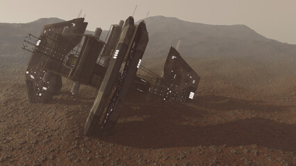 Rendering of a crashed alien space ship wreck on martian surface of the planet