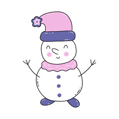 Cute happy snowman in hat with pompon raised his hands up. Symbol of winter and new year. Vector isolated illustration hand drawn doodle. Pink and purple color