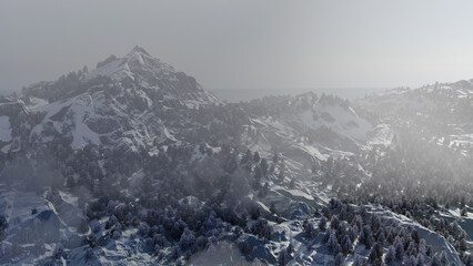 Rendering of a landscape with snow mountains and fog
