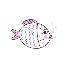 Funny cute round fish pink and purple color. Undersea world. Vector isolated illustration hand drawn doodle contour