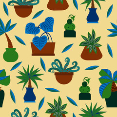 Seamless pattern with exotic plants on a yellow background