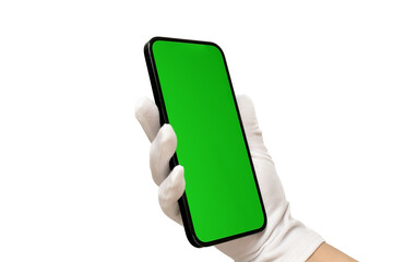 Phone with a green screen in your hand. A hand in a white glove holds the phone. Green smartphone screen