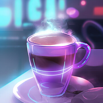 cup of coffee. Vaporwave, Neon Color. Aesthetic Cocktail Mocktail Digital Illustration. Alcoholic Beverages. Summer. Beautiful Pretty Gorgeous Looking Drink Illustration. Vector, Graphic. Poster