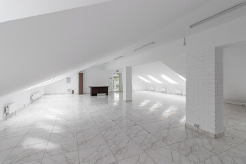 Spacious empty hollow attic with tiled floor