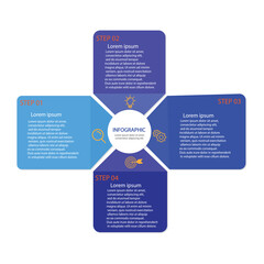 Square is divided into 4 parts. Concept of four options of business project management. Vector illustration for data analysis visualization.