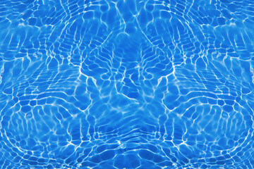 Defocus blurred transparent blue colored clear calm water surface texture with splashes and bubbles. Trendy abstract nature background. Water waves in sunlight with copy space. Blue watercolor shining