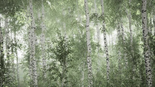 Sunrise or sunset in a spring birch forest with rays of sun shining