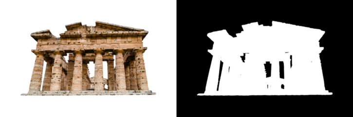 Isolated  GreekTemple with clipping path and alpha channel on a transparent picture background.  Paestum, Italy