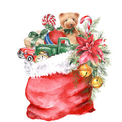 Watercolor Christmas Santa's bag with gifts