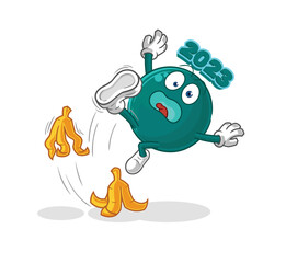 2023 slipped on banana. cartoon mascot vector