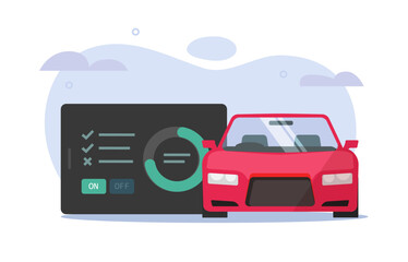 Car diagnostic scanner inspection vector or vehicle obd performance reader tool review graphic flat illustration, obd2 computer error code tester examination, auto tablet device check up service