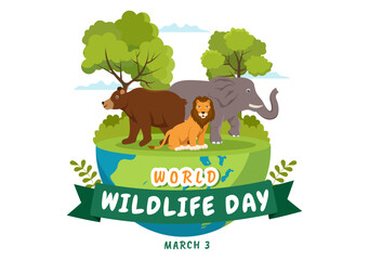 World Wildlife Day on March 3rd to Raise Animal Awareness, Plant and Preserve Their Habitat in Forest in Flat Cartoon Hand Drawn Template Illustration