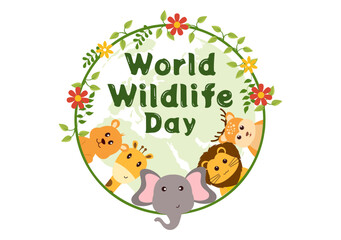 Obraz na płótnie Canvas World Wildlife Day on March 3rd to Raise Animal Awareness, Plant and Preserve Their Habitat in Forest in Flat Cartoon Hand Drawn Template Illustration