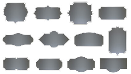 Metallic silver vintage empty text boxes, isolated on white background. Gray color ornament frame set to use sale, price, discount for banner and badges.