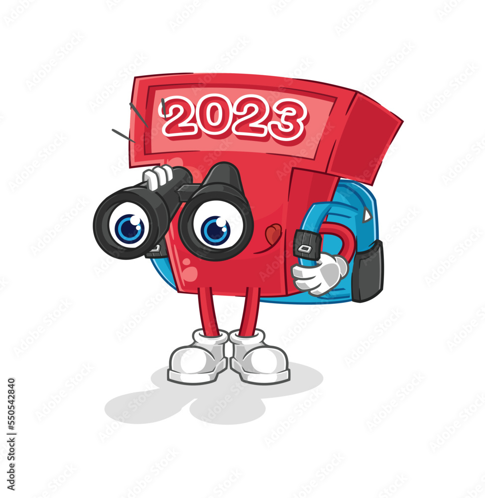 Sticker new year 2023 with binoculars character. cartoon mascot vector