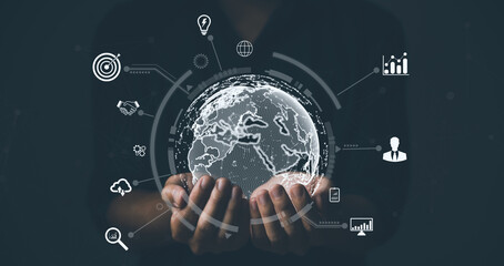 Hand showing global success icon. The application connects to the Internet online. Big Data Digital Link Technology	
