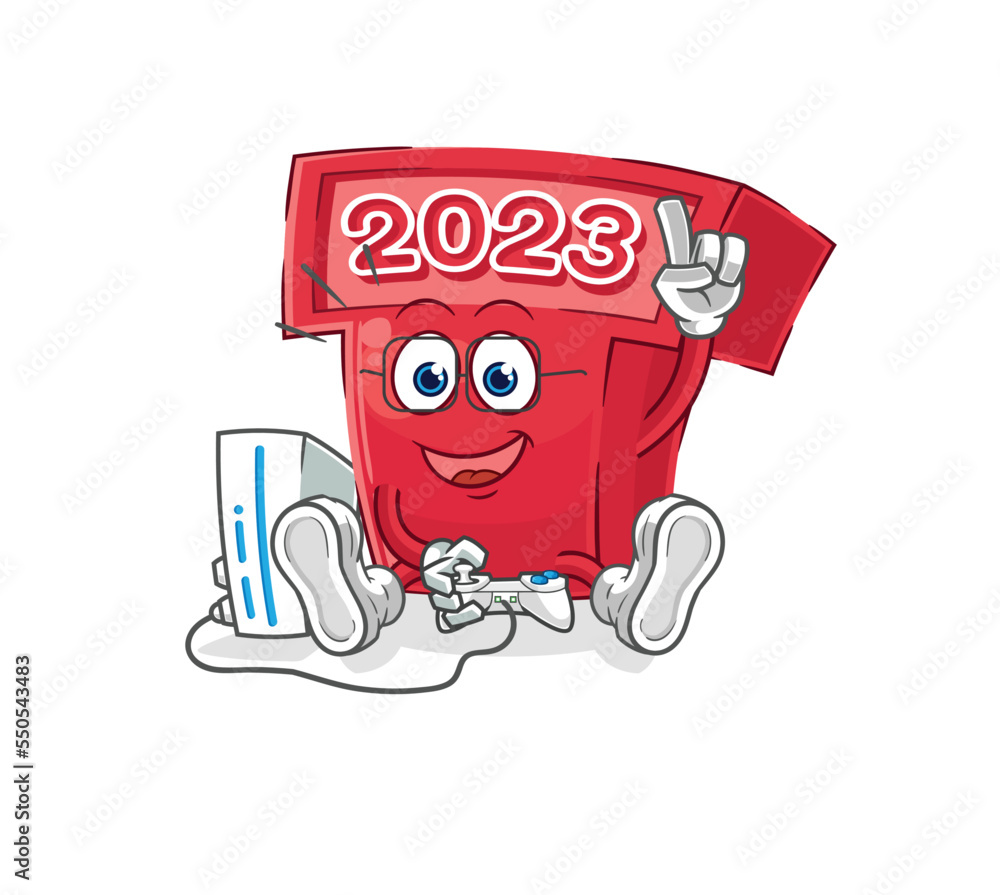 Poster new year 2023 playing video games. cartoon character