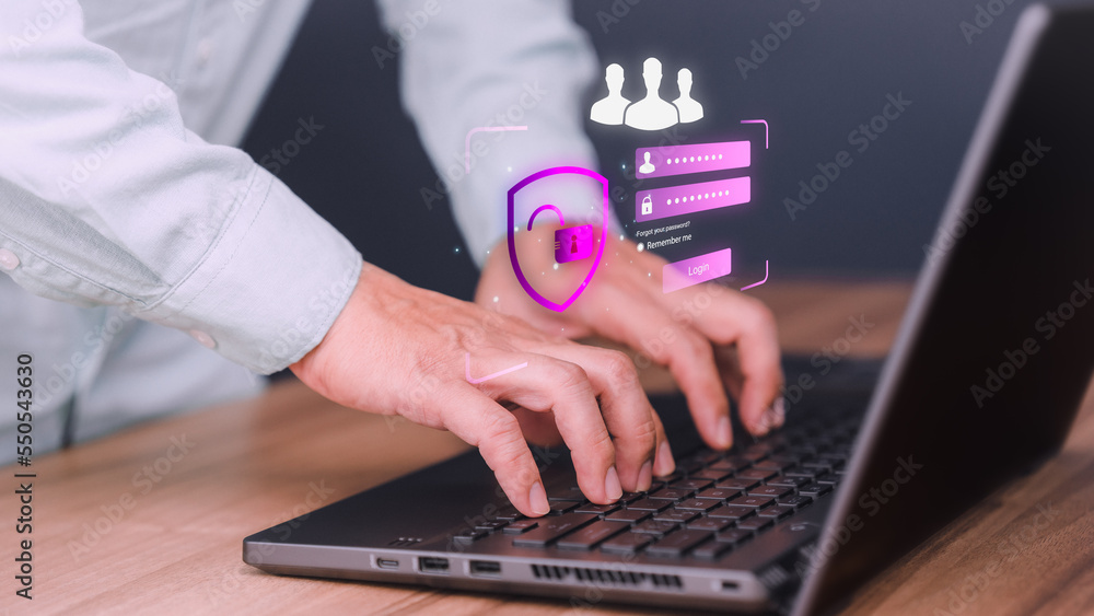 Aufkleber Man protecting personal data on a computer laptop and virtual interface. Cyber security concept to protect data. Secure encryption and access to the user's private information to access the internet.