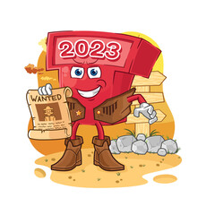 new year 2023 cowboy with wanted paper. cartoon mascot vector