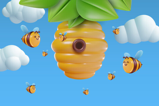 3d cartoon bee hive in vector realistic funny style. Cute art element. Funny plasticine or glossy clay design object. Sweet colorful illustration on blue background.